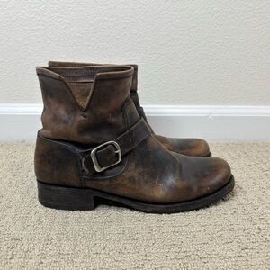 Frye Harness Short Leather Moto Boots Brown Distressed